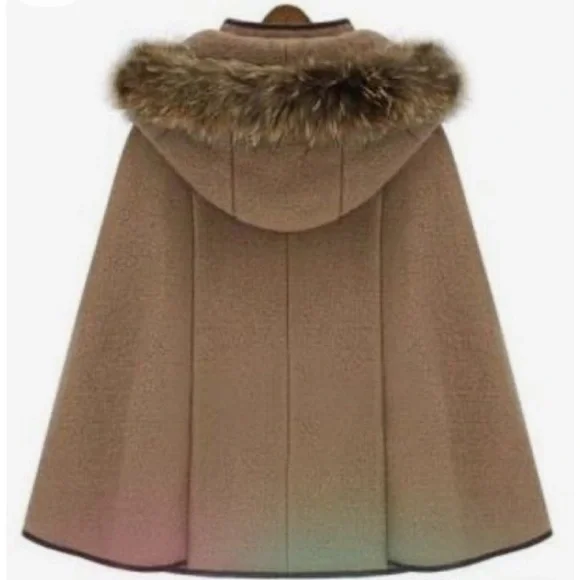 Women's Tan Cape Coat with Detachable Faux Fur Trim Hood - Picture 4 of 11